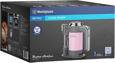 Ретро ручний міксер Westinghouse, 5 швидкостей + турбо, 2 вінчики, 2 гаки для тіста, LCD-дисплей, таймер, підставка, сумка для зберігання, 350 Вт, рожевий