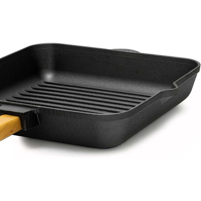 Чавунна сковорода гриль 26 см з дерев'яною ручкою для газових грилів, духовки, індукції та відкритого вогню