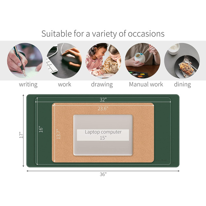 Килимок для миші RENMTURE з натурального корку та PU-шкіри, 80 x 40 см, темно-зелений, для офісу та дому