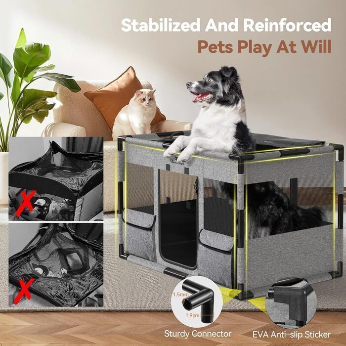 Pawaboo Забіг для цуценят Extra Large, портативний вольєр для тварин, переноска для собак та котів, вольєр для собак, посилений каркас з ПВХ, великий, L-91×61×61CM (M-81x61x61CM, чорний/сірий)