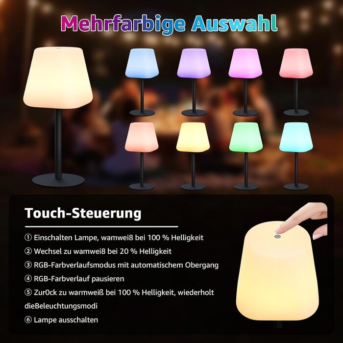 MALUX LED Акумуляторна Настільна Лампа, Бездротова, 8 Кольорів, IP44 Водонепроникна, для Дому, Саду, Готелю, Балкону, Кегль