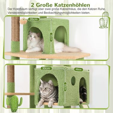 Драбина-кіготь Globlazer Kaktus (178 см) для котів: велика, з гамаком, будиночком, платформами, рампою з сизалю, стабільна для 2-4 котів (F70 Pro, зелена) XXL