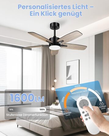 Стелянка вентилятор 106 см з підсвіткою та двосторонніми лопатями, тихий вентилятор з LED-лампою та пультом керування, для спальні та вітальні, DC мотор, штанга темне дерево