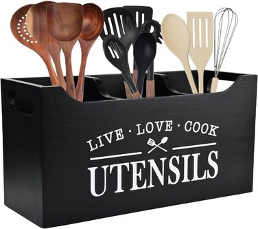 Karisky Kitchen Utensil Holder with Drainage Bottom, Large 3-Compartment Solid Real Wood Utensil Organizer for Countertops, Cooking Tools for Farmhouses for Worktops (Black)