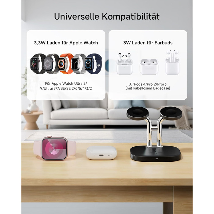 Зарядний пристрій SwanScout для Apple Watch 10/Ultra/9/8/7/6 та AirPods Pro (704A, 3.3W, чорний)