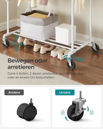 SONGMICS Clothes Rack, Clothes Rod, Coat Rack with 2 Clothes Rods and Shelf, Wheels, Load Capacity up to 110 kg, Industrial Design, for Bedroom, Dressing Room, White HSR060W01