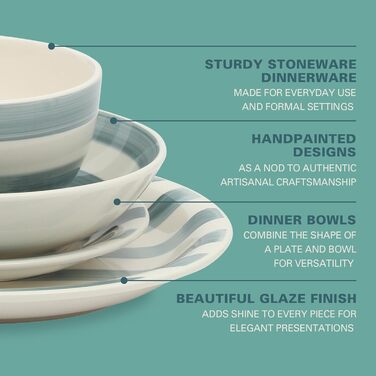 Сервіз Gibson Home Kenwood Shores, 16 предметів, зелений в смужку, ручної роботи, для 4 осіб, кераміка, миюча посуду та для мікрохвильової печі