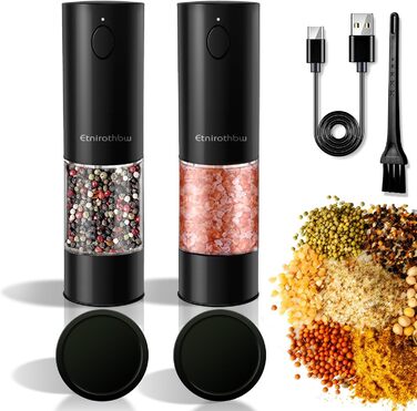 Electric Salt and Pepper Grinder Set, 2 Pieces, Automatic One-Hand Operation Pepper Grinders Rechargeable, Auto Pepper Shakers with Dust Covers, 5 Adjustable Coarseness Settings, LED Light