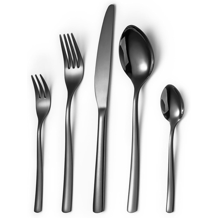 Black Cutlery Set, 6 People, 30-Piece, High-Quality Shiny Black, Stainless Steel Cutlery Set, Fork, Knife, Spoon Set, High-Gloss Polished Mirror Finish, Dishwasher Safe