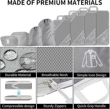 Органайзер для валізи, набір 6 шт. Компресійні кубики для пакування, органайзер для подорожей, сірий (8 шт.)
