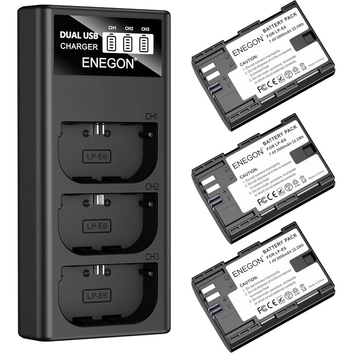 Акумулятор ENEGON LP-E6 (3x3000mAh) з зарядним пристроєм на 3 слоти LCD, сумісний з Canon EOS 5D, 5D Mark II, 6D, 7D, 60D, 70D, 80D, 90D, XC10, XC15