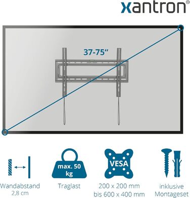 Кронштейн для телевізора Xantron STRONGLINE похилий 37-75 дюймів VESA 100x100 до 600x400, до 75 кг, плоский, з монтажним комплектом