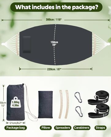 Гніздо-гамак Chihee з бавовни, 300x150 см, для кемпінгу, до 300 кг, з подушкою та стропами