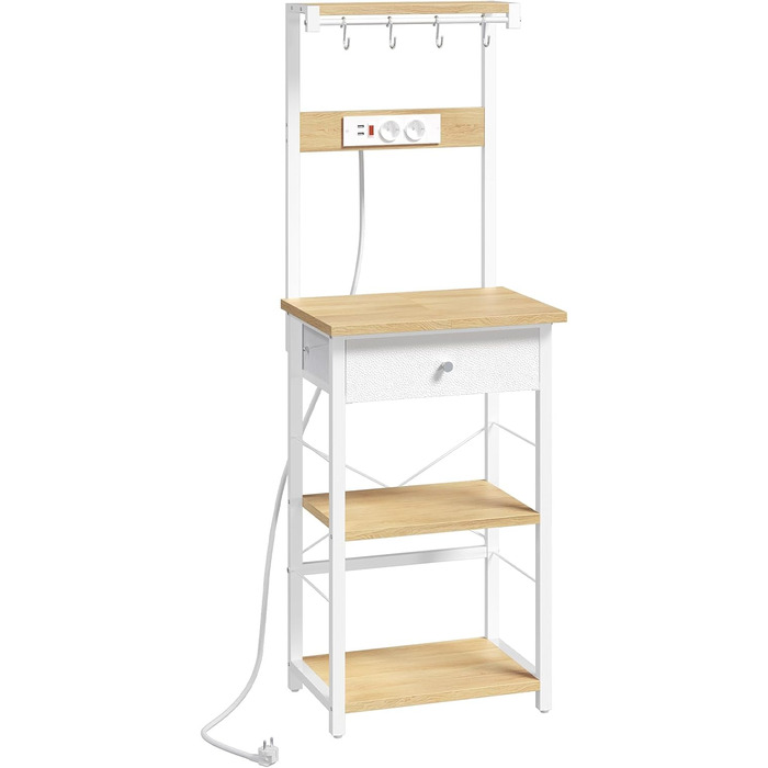 Полиця кухонна з розетками, стелаж для пекаря, підлоговий стелаж, 34 x 48 x 139 см, полиця для мікрохвильовки з ящиками, 4 гачки, для кухні, вітальні, їдальні, чорний/білий ABRHR48UE01