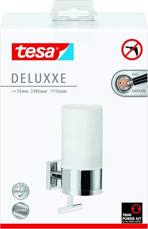 tesa DELUXXE Soap Dispenser Set, Frosted Glass and Chrome-Plated Metal - Wall-Mountable Liquid Soap Dispenser without Drilling, incl. Adhesive Solution - 73mm x 192mm x 115mm