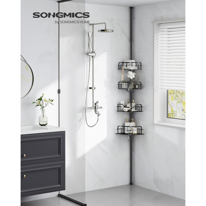 SONGMICS Поличка для душу та ванної кімнати, без свердління, 4 яруси, регульована висота, чорний BCB003B01