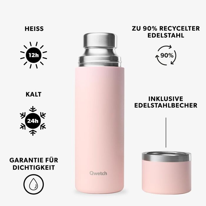 Qwetch Stainless Steel Thermos Flask - 750ml Insulated Bottle & Travel Mug - 24h Cold & 12h Hot - Leakproof, BPA-Free - Perfect for Coffee & Tea