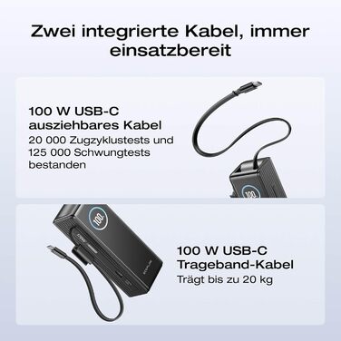 EcoFlow Powerbank 25000mAh 170W: портативний зарядний пристрій з вбудованим кабелем 100W USB-C для ноутбуків та смартфонів (iPhone, MacBook, Samsung), чорний