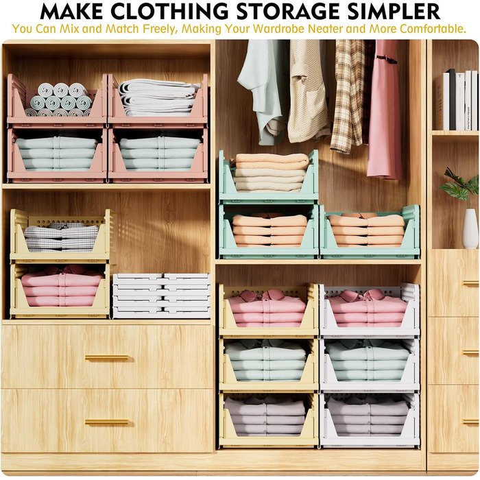 SNSLXH 5 Pack Stackable Closet Shelf Organizer, Multifunctional & Foldable Closet Organizer for Bathroom, Kitchen, Closet Storage, Space-Saving Closet Drawer Storage Box, White