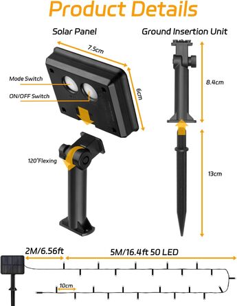 Сонячна гірлянда для зовнішнього використання, 120 LED, холодне біле світло, 8 режимів, для саду, двору, тераси, весільної декорації (5м, тепле біле світло)