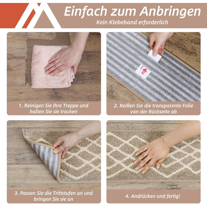 Ковзаючі сходинки для дому COSY HOMEER, 15 шт. (70 x 22 см), антиковзаючі, самоклеючі, машинне прання, 100% поліестер, TPE-підкладка, ідеально для дітей, літніх людей та домашніх тварин, бежевий ромбік