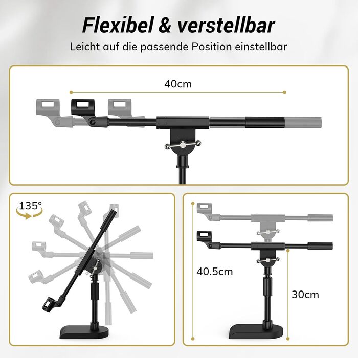 Підставка для мікрофона TONOR з регульованою висотою, з важкою основою та поворотним кріпленням, Boom Arm з адаптерами 3/8'' та 5/8'' для всіх мікрофонів, підходить для подкастів, гітари