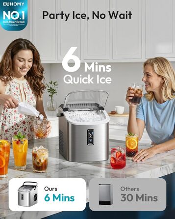 Машина для приготування льоду EUHOMY, чорна, 12 кг/день, самоочищення, 9 кубиків за 6 хвилин, 2 розміри, з ручкою, кошиком та лопаткою