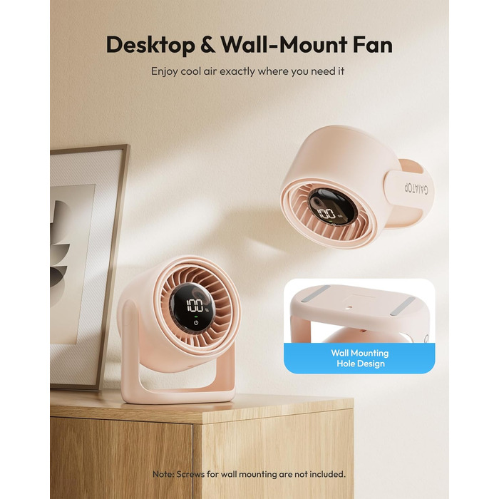 Настільний вентилятор Gaiatop з керуванням Touch, акумулятор 4000 mAh, 5 швидкостей, тихий міні-вентилятор з LED-дисплеєм, нахил 90°, зарядка через USB-C, для офісу, спальні, дому (Рожевий)