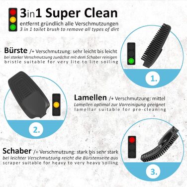 Набір для туалету 3-в-1 з силіконовою щіткою, тримачем та кріпленням на стіну. Довга ручка з нержавіючої сталі, гігієнічний дизайн з ламелями та скребком. Підходить для ванної кімнати та гостьового туалету. Запасні насадки включені.
