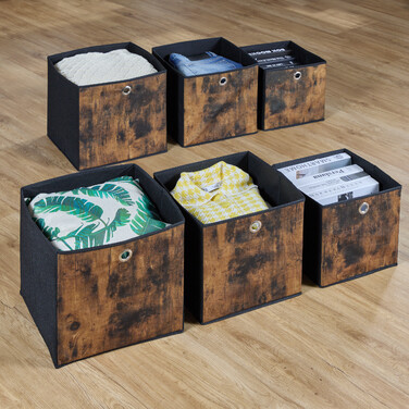 Relaxdays Fabric Storage Boxes with Wood-Look Design, 6-Piece Set