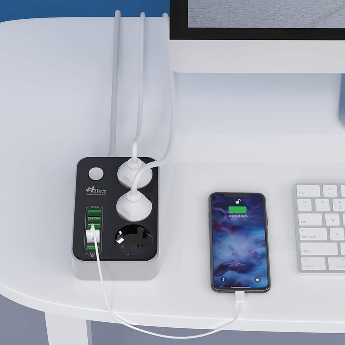 Багаторозкладна мережева панель HULKER з 3 розетками та 6 USB-портами, захист від перенапруги, 1.6 м, універсальна