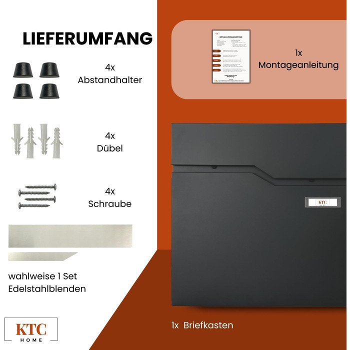 Поштова скринька KTC Home Premium Postlux 4.0 з табличкою для імен, чорна - стійка до УФ-випромінювання та погодних умов, порошкове покриття