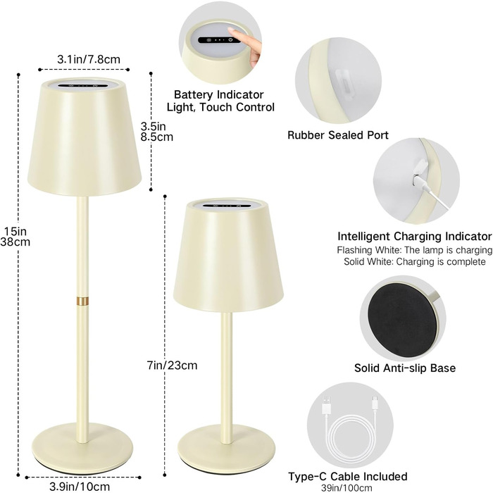 LED-лампа настільна бездротова OUTON, 2 шт. - сенсорне керування, 3 режими, USB-C зарядка, IP54, 30 годин, для дому/саду, чорний/бежевий