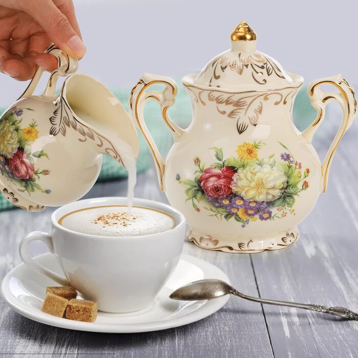 Foreigner's Zucker and Milchkännchen Set, Porcelain Ivory Coffee Serving Set Blossom Bushes Pattern Golden Leaves Edge Cream Pitcher and Sugar Bowl with Lid