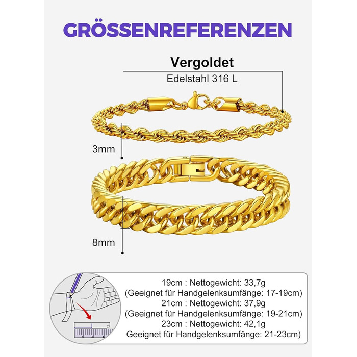 Набір браслетів для чоловіків Richsteel з нержавіючої сталі, 3 шт., чорний/сталь/золотий, 9/8/4 мм, довжина 19/21/23 см, для подарунка