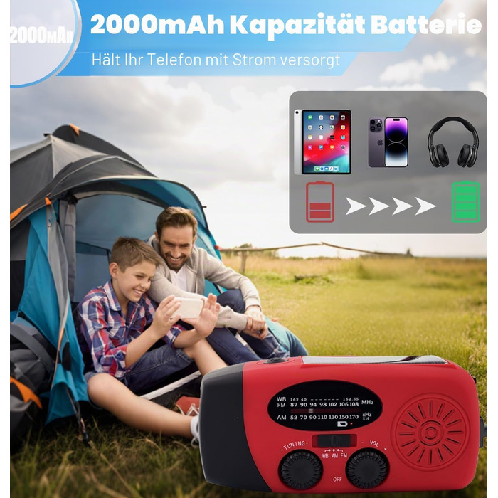 Сонячна радіостанція з ручним заводом 2000mAh, AM/FM/NOAA, USB-зарядка, заряд для телефону, SOS-сигнал, LED-ліхтарик для кемпінгу та походів (Червоний)