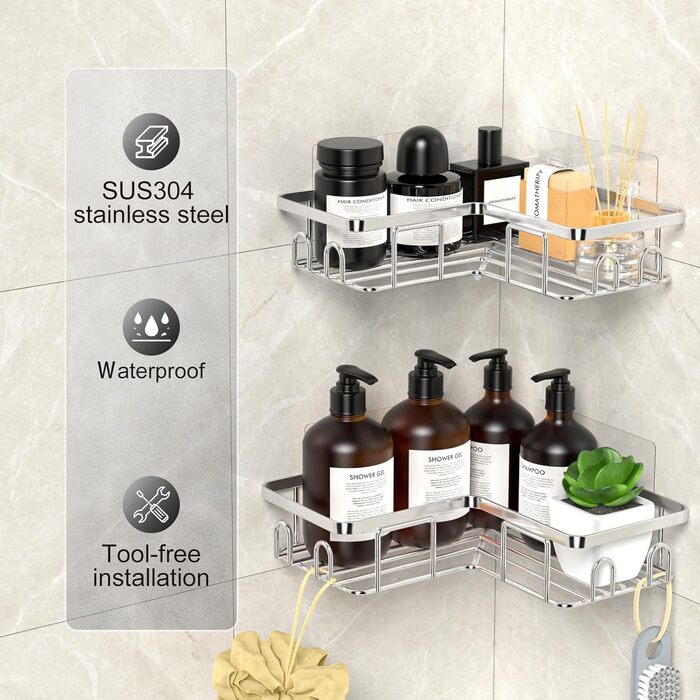 Набір кутових поличок для душу без свердління, водонепроникні, з нержавіючої сталі (3 шт. чорний, 2 шт. срібний)