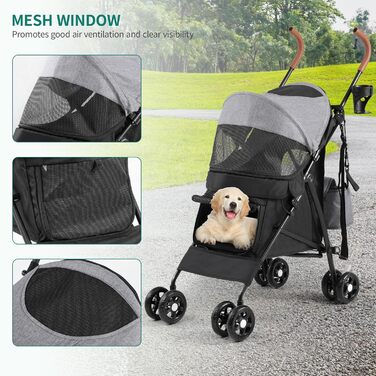 Візок для собак YITAHOME - переноска для тварин до 11,3 кг, з сіткою, тримачем для напоїв та кошиком, для собак та котів (сірий/чорний)