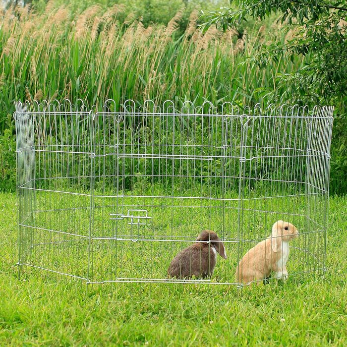 Вольєр для кроликів Lionto з металу, 59x58 см, розширюваний вольєр для дрібних тварин на вулицю з ґрунтовими кілками, з дверцятами з замком та захисним сіткою, стійкий до погодних умов, 8 елементів (Д) 59x78 см