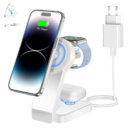Бездротова зарядна станція 3-в-1 для iPhone 16/15/14/13/12/Pro Max/Mini, Apple Watch 9/8/7/6/SE/5/4/3/2, AirPods Pro/2/3 (біла) з індуктивним заряджанням