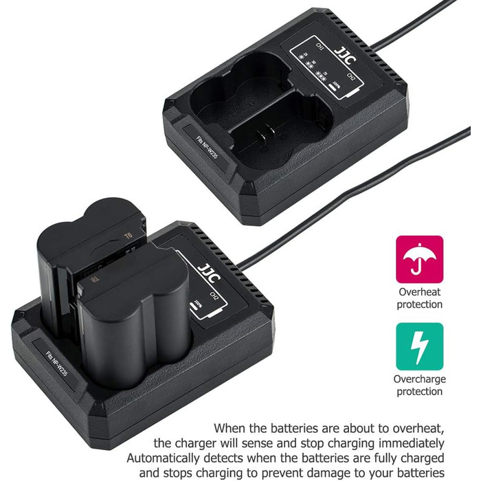 Зарядний пристрій JJC USB Dual для камер Fujifilm X-S20, X-H2, X-H2S, X-T5, X-T4, GFX 50SII, GFX100S, GFX100SII, GFX100II, GFX100RF, сумісний з акумулятором Fuji NP-W235