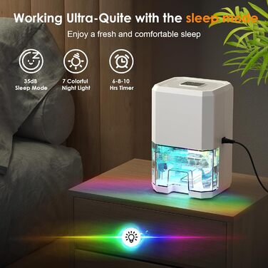 Електричний осушувач повітря 2800 мл: тихий осушувач для дому з нічним режимом, 7 кольорів підсвічування, таймером, портативний для ванної кімнати та спальні