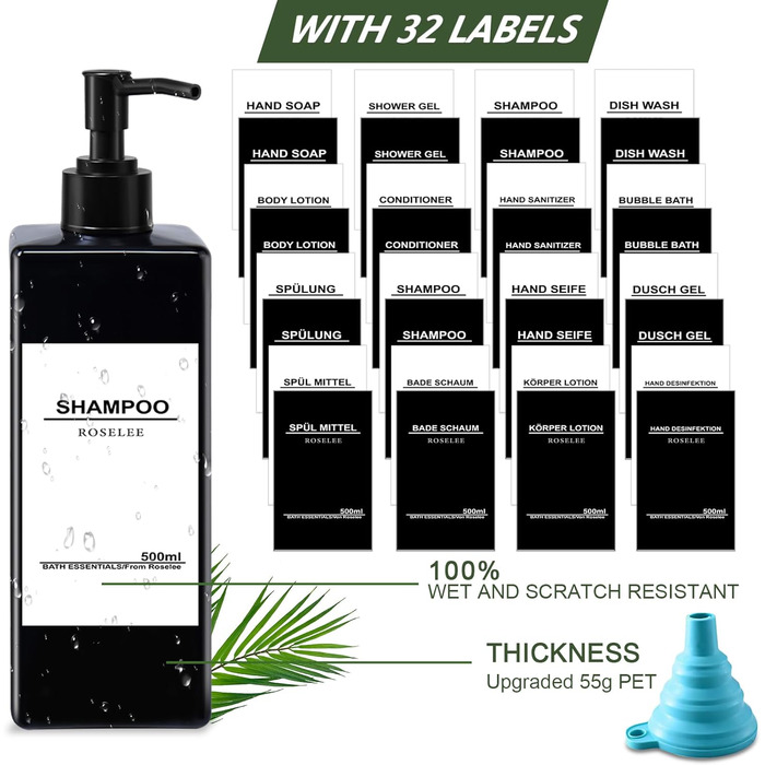 Набір дозаторів для мила Roselee (4 шт.), 500 мл, чорний. Дозатори для душу, шампуню, мила. Пластикові дозатори з воронкою та вологостійкими етикетками для кухні, ванної кімнати.