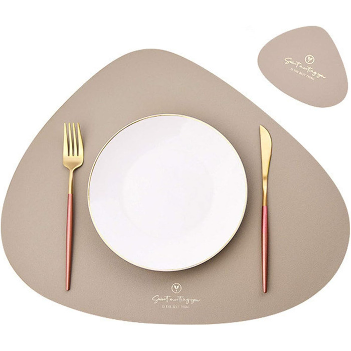 Set of 4/Set of 6 Placemats and Coasters, Triangle Oval Leather Table Sets, Water Droplet Wipeable Table Mat, Waterproof, Oil-Resistant, Non-Slip, Heat-Resistant Placemats (Beige, 6)