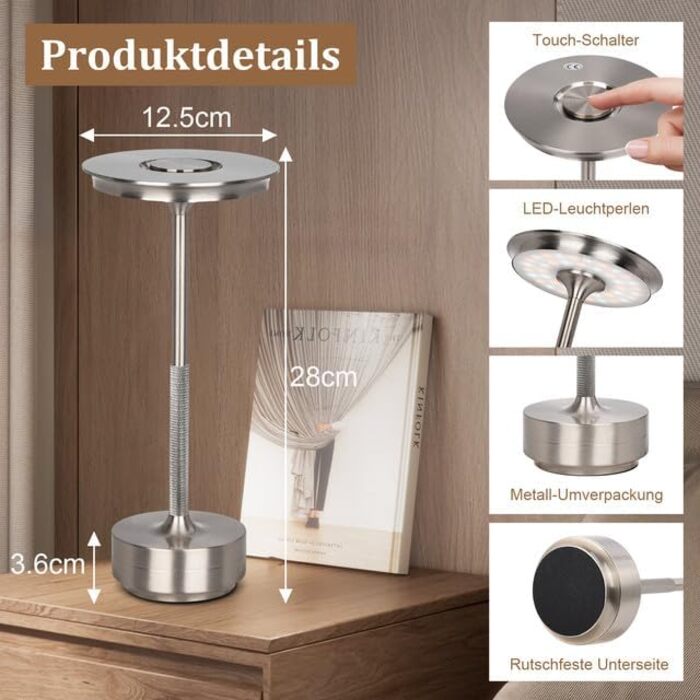 Бездротова LED лампа Rosnek: регульоване освітлення, 3 колірні температури, USB-C, срібло