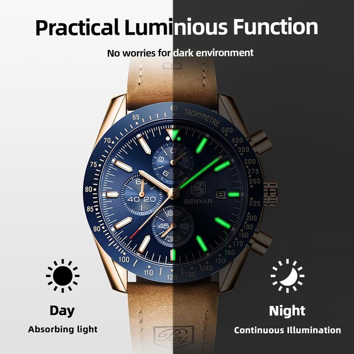 Годинник чоловічий BENYAR Quarz Chronograph, водонепроникний, з датою, браслет, класичний, для повсякденного та ділового стилю, коричнево-золотий, блакитний (прекрасний подарунок)
