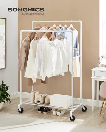 SONGMICS Clothes Rack, Clothes Rod, Coat Rack with 2 Clothes Rods and Shelf, Wheels, Load Capacity up to 110 kg, Industrial Design, for Bedroom, Dressing Room, White HSR060W01