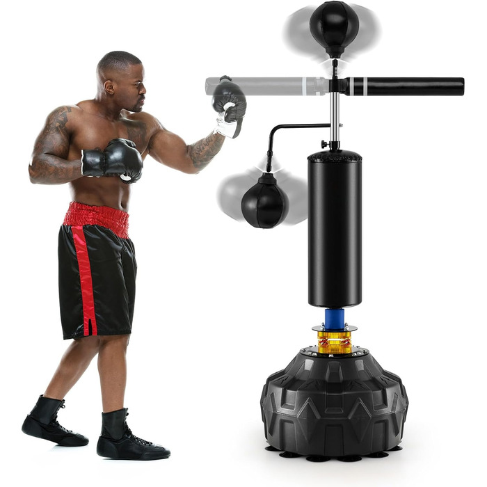COSTWAY Стенд-бокс, боксерський мішок на стійці, регульована висота, 360° відбиваюча стійка, 2 швидкосні м'ячі, комплект боксерського мішка, кікбоксингу, MMA для дітей та дорослих, 173-213 см