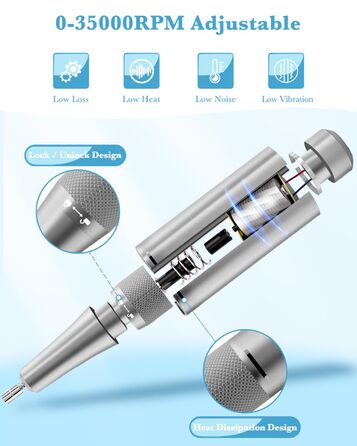 Професійний фрезер для нігтів ENGERWALL 35000 об/хв, акумуляторний, для гелю та акрилу, електричний, манікюрний набір з 7 насадок та 56 шліфувальних стрічок, темно-срібний, портативний