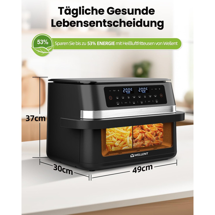 Аерофритюрниця WELLENT 12L Dual Zone XXL - 2950W з двома камерами (6+6L) з оглядовим вікном, функцією Match & Sync, нагадуванням про струшування, придатна для миття в посудомийній машині